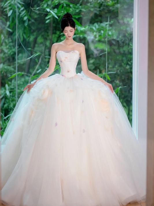 White tube top slim waist pink floral elegant princess ball gown bridal gown R5885