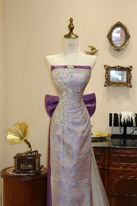 Light purple strapless floral print fitted long ball gown/bridal dress R7197