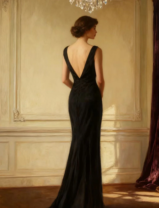 Black halter-neck V-neck elegant fitted long ball gown R6725