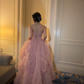 Pink halter-neck fitted waist puffy long skirt ball gown R6405