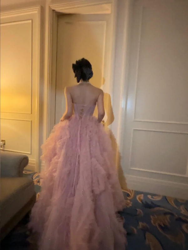 Pink halter-neck fitted waist puffy long skirt ball gown R6405