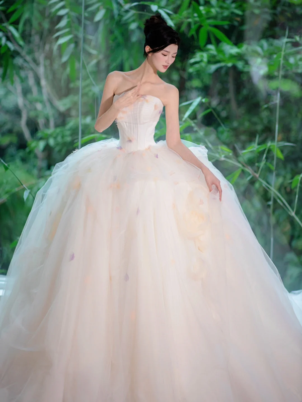 White tube top slim waist pink floral elegant princess ball gown bridal gown R5885