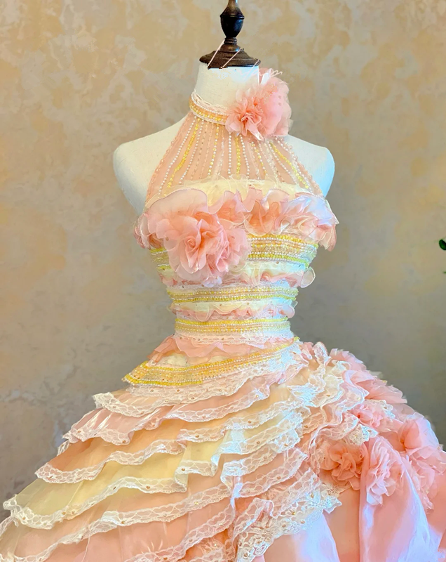 Pink Long Prom Dress with Sleeveless Halter Neck, Fitted Waist and Tiered Skirt; Bridal Gown R7317