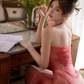 Pink strapless fitted waist bodycon hip slit sexy ball gown R7084