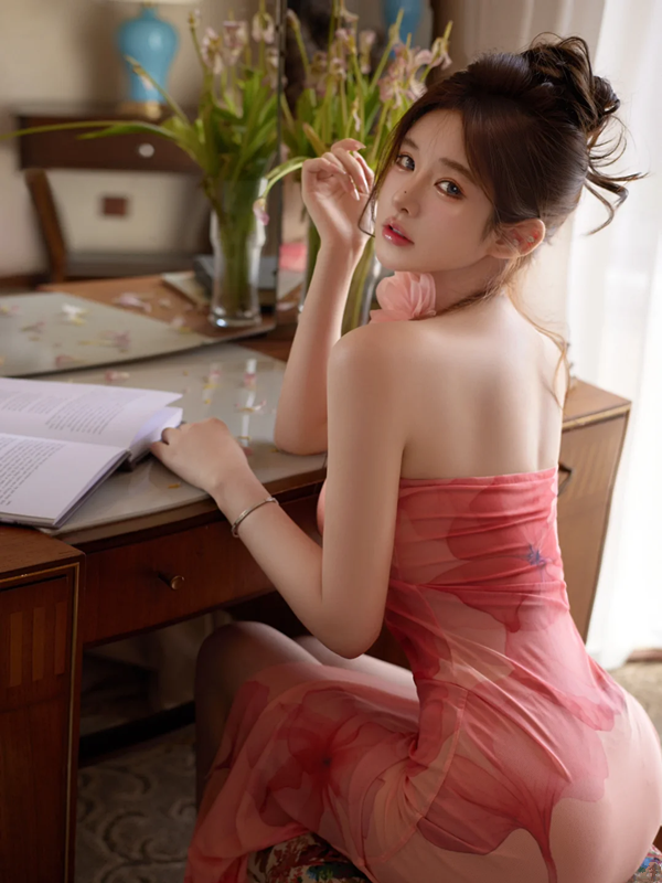 Pink strapless fitted waist bodycon hip slit sexy ball gown R7084