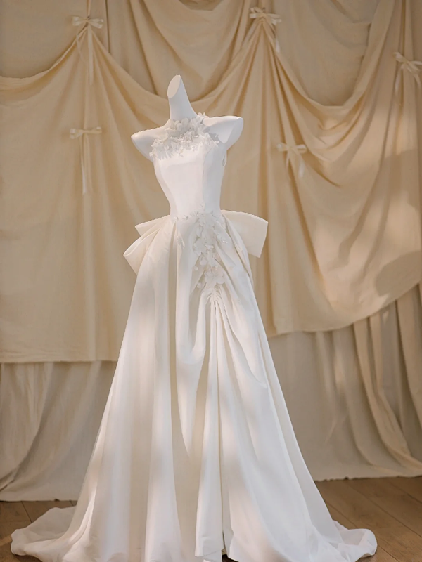 White halterneck slim waist elegant long dress bridal gown R5772