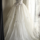 White off-the-shoulder floral design, fitted waist, full skirt, long ball gown, bridal dress R6843