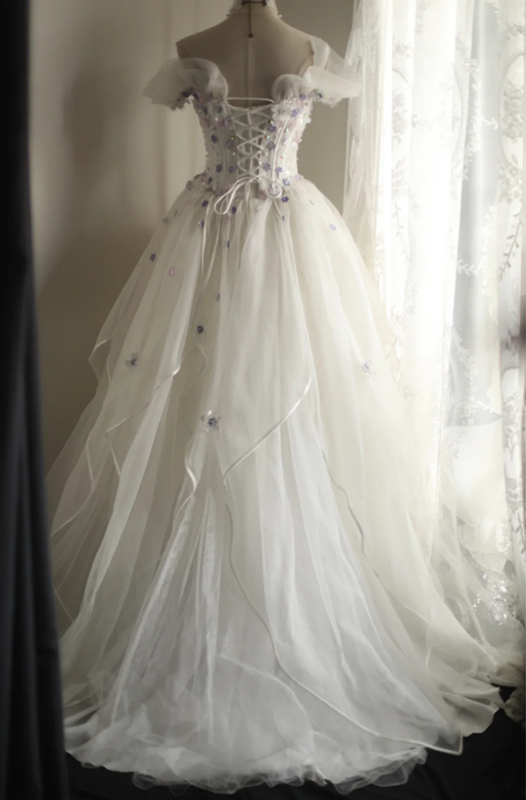 White off-the-shoulder floral design, fitted waist, full skirt, long ball gown, bridal dress R6843