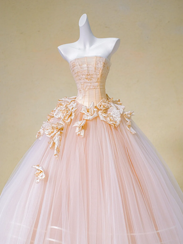 Pink tube top waist slim fit three-dimensional flower puffy tulle long dress bridal dress R5732
