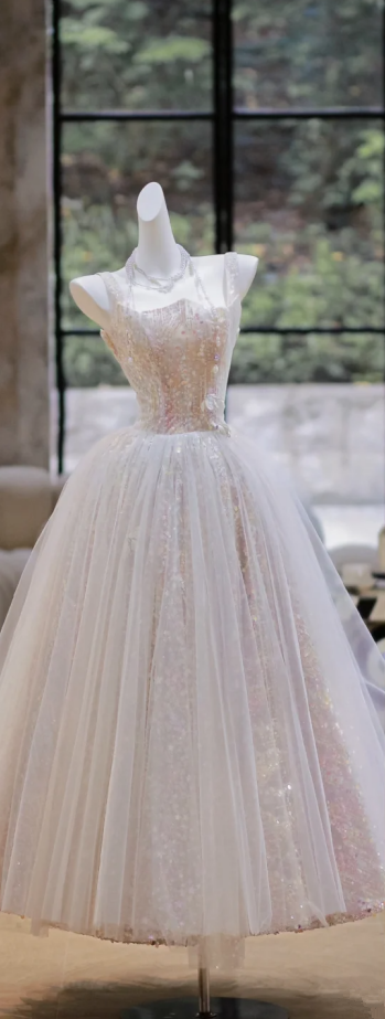 White suspender sequined waist slim fit puffy skirt long dress bridal dress R5807