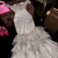 Grayish-white halter-neck fitted waist slim-fit tiered skirt long ball gown R7043