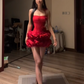 Red Spaghetti Strap Waist-Cinched Fitted Cloud Tiered Ruffle Hem Prom Dress R7124