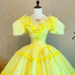 Yellow Puff Sleeve Waist-Cinched Puff-Skirt Ball Gown & Bridal Gown R7398