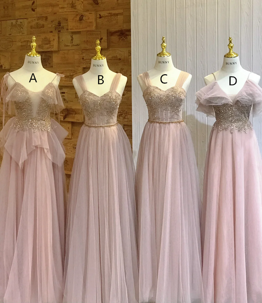 Pink sequined waist-cinched, slim-fit chiffon-skirt ball gown, bridesmaid dress R5966