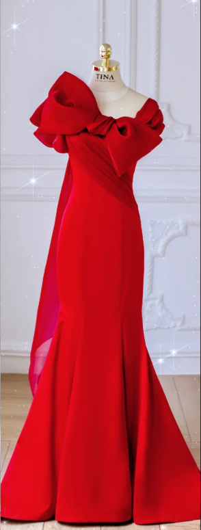 Red Satin Bow-Accented Neckline Fitted-Waist Slim-Fit Bodycon Long Bridal Gown R5924