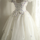 White off-the-shoulder floral design, fitted waist, full skirt, long ball gown, bridal dress R6843
