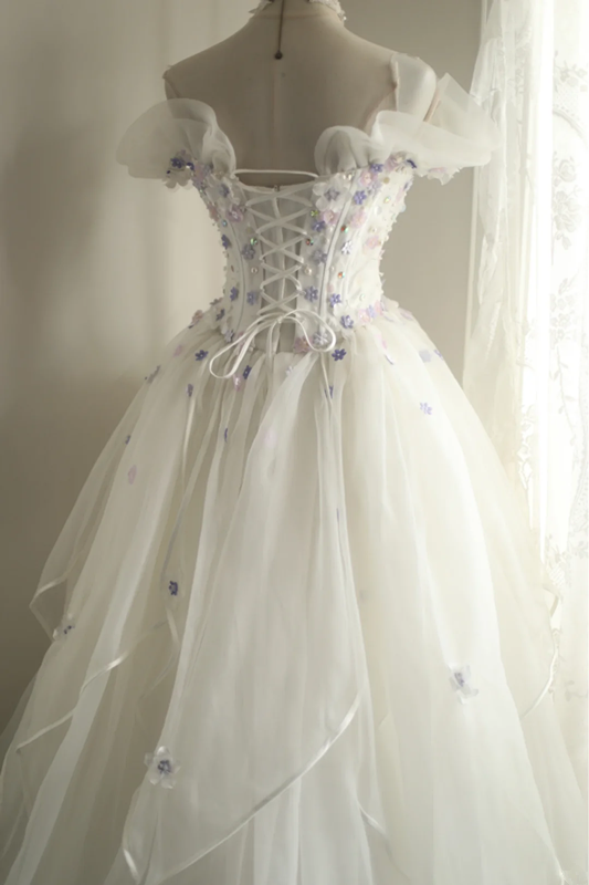 White off-the-shoulder floral design, fitted waist, full skirt, long ball gown, bridal dress R6843