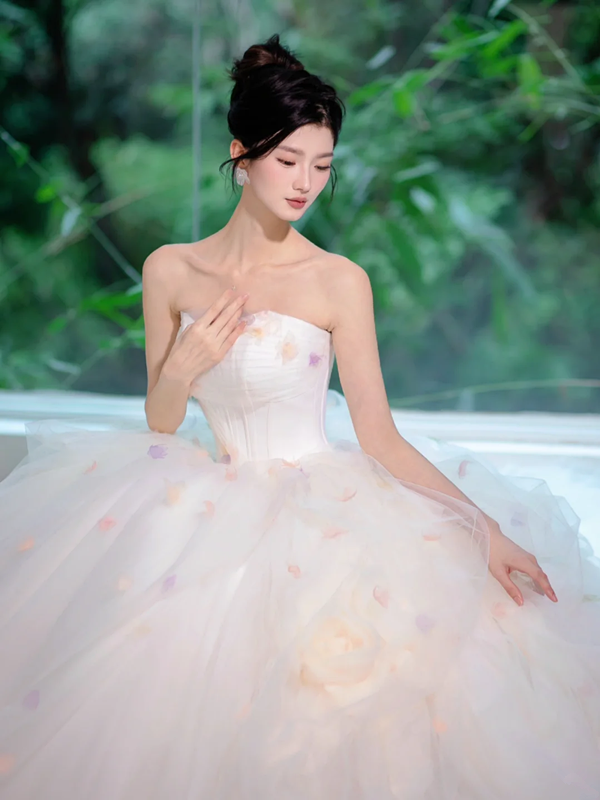 White tube top slim waist pink floral elegant princess ball gown bridal gown R5885