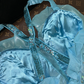 Lake blue halter-neck fitted fishtail long ball gown R7004