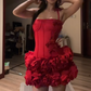 Red Spaghetti Strap Waist-Cinched Fitted Cloud Tiered Ruffle Hem Prom Dress R7124