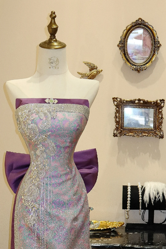 Light purple strapless floral print fitted long ball gown/bridal dress R7197