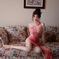 Pink strapless fitted waist bodycon hip slit sexy ball gown R7084