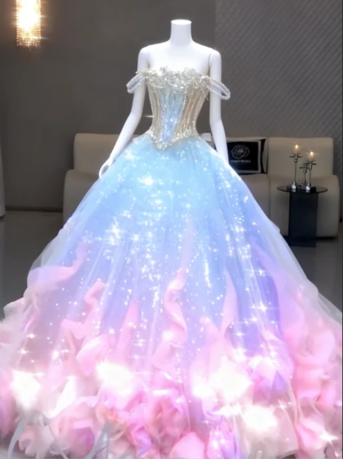 Blue and pink fairy-like strapless waist-cinching long ball gown R6564