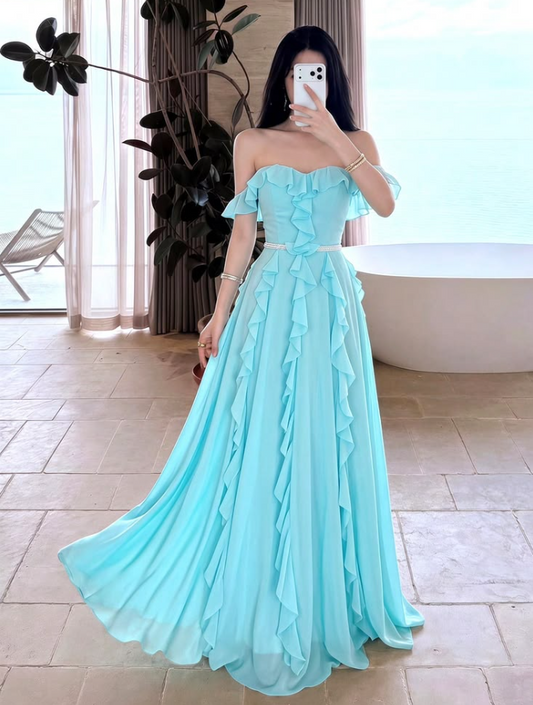 Chiffon Flowy Pleated Corset Prom Gown , Blue Women's Maxi Evening Dress Party Dress RS2403