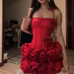 Red Spaghetti Strap Waist-Cinched Fitted Cloud Tiered Ruffle Hem Prom Dress R7124