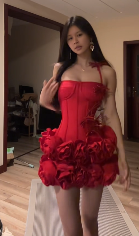 Red Spaghetti Strap Waist-Cinched Fitted Cloud Tiered Ruffle Hem Prom Dress R7124