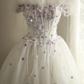 White off-the-shoulder floral design, fitted waist, full skirt, long ball gown, bridal dress R6843