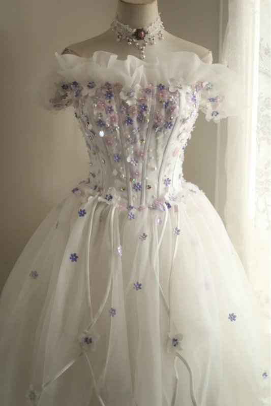 White off-the-shoulder floral design, fitted waist, full skirt, long ball gown, bridal dress R6843