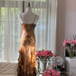 Brown and gold halter-neck fitted tiered skirt sexy long ball gown R7792