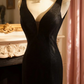 Black halter-neck V-neck elegant fitted long ball gown R6725