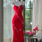 Red halter-neck fitted long ball gown with an asymmetrical hem R7680