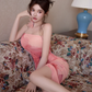 Pink strapless fitted waist bodycon hip slit sexy ball gown R7084