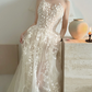 Sheer white strapless, waist-cinched printed elegant and sexy long prom dress R7990