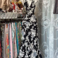 Black and white floral print retro halter neck fitted waist long ball gown R7524