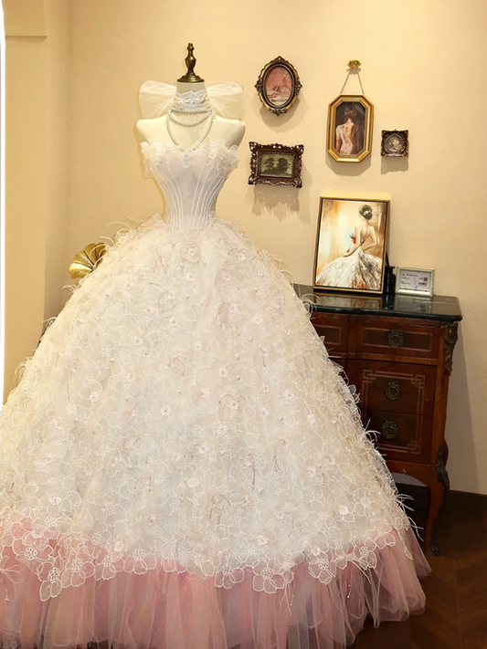 White strapless lace floral dress with a fitted waist and full skirt, long ball gown/bridal gown R6764