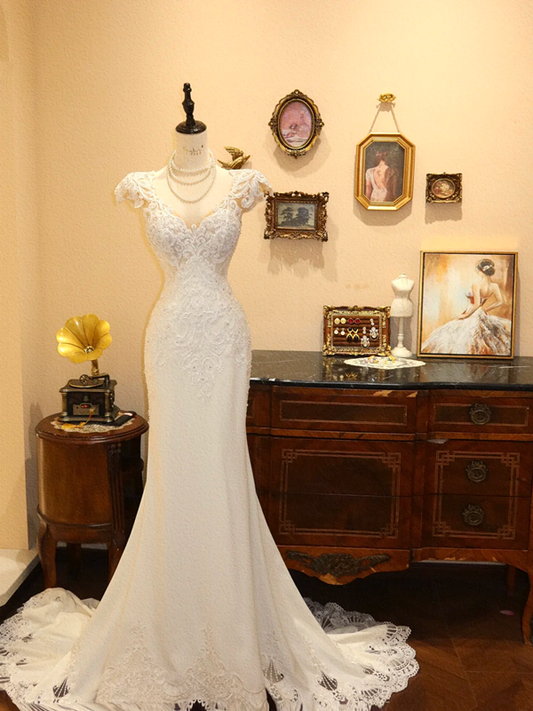 White lace fitted mermaid long wedding dress R6605