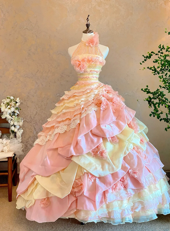 Pink Long Prom Dress with Sleeveless Halter Neck, Fitted Waist and Tiered Skirt; Bridal Gown R7317