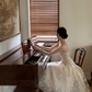 Sheer white strapless, waist-cinched printed elegant and sexy long prom dress R7990