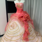 Pink Strapless Fitted-Waist Slim-Fit Prom Dress with Floral Details and a Princess-Style Puffy Skirt R6525