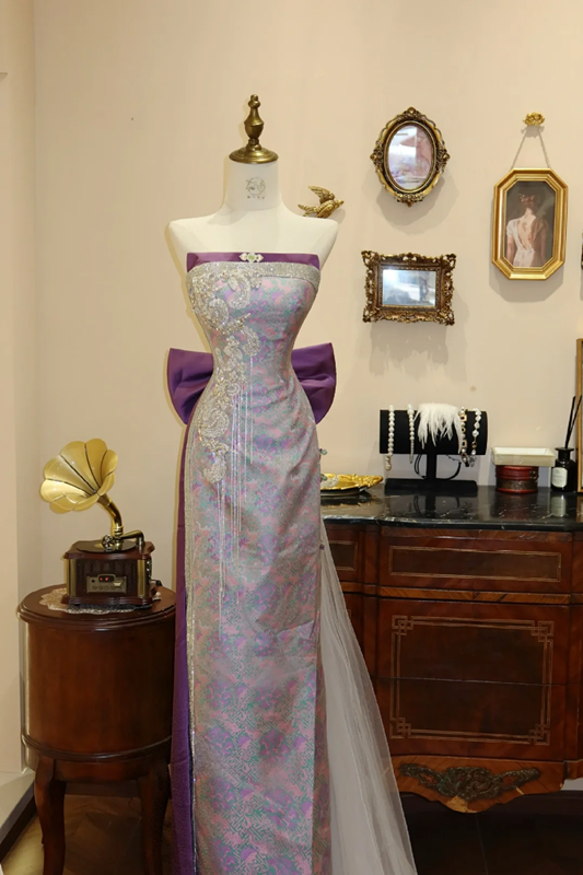 Light purple strapless floral print fitted long ball gown/bridal dress R7197