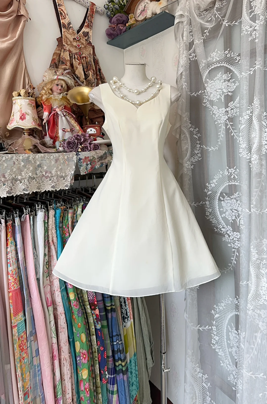 White sleeveless slim waist A-line short skirt ball gown R6165