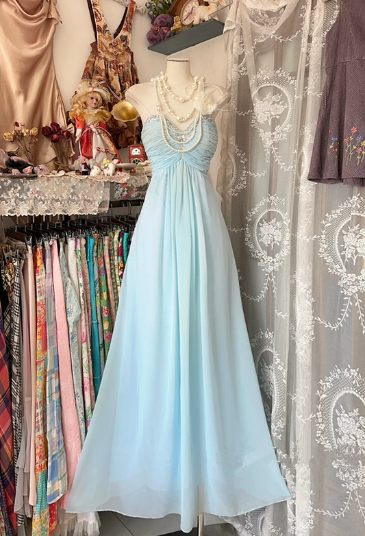 Light blue strapless pleated waist elegant long ball gown R6206