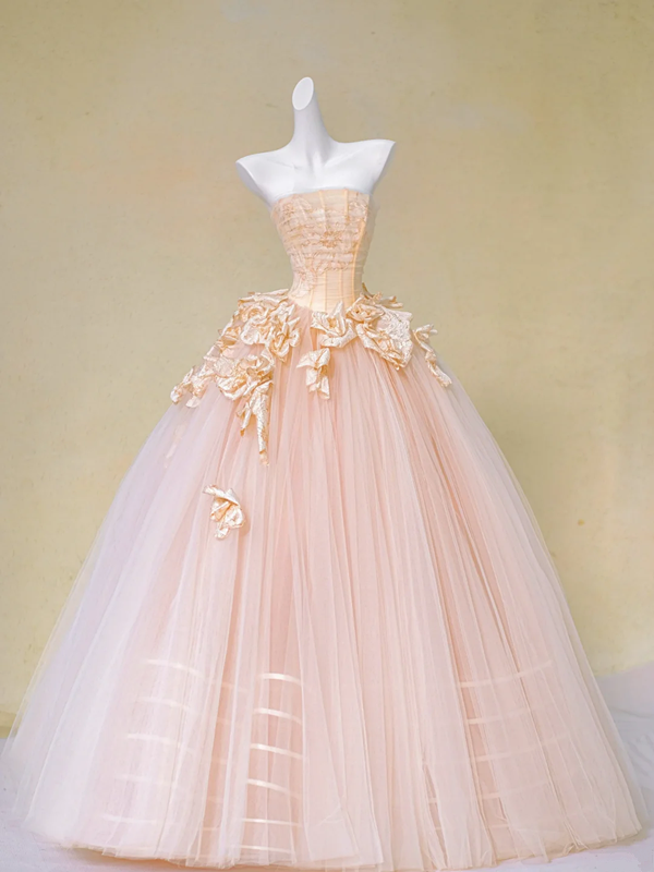 Pink tube top waist slim fit three-dimensional flower puffy tulle long dress bridal dress R5732