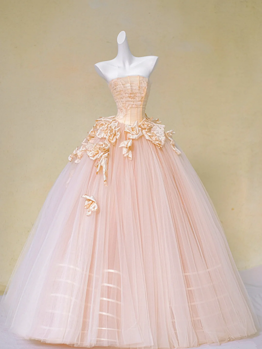 Pink tube top waist slim fit three-dimensional flower puffy tulle long dress bridal dress R5732