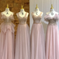 Pink sequined waist-cinched, slim-fit chiffon-skirt ball gown, bridesmaid dress R5966
