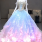 Blue and pink fairy-like strapless waist-cinching long ball gown R6564